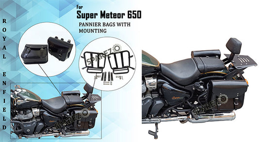 Royal Enfield Super Meteor 650 Glossy Black Leather Pannier Bag and Mounting LH RH