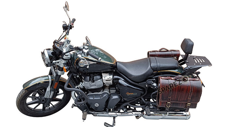 Royal Enfield Super Meteor 650 Antique Brown Leather Pannier Bags and Mounting