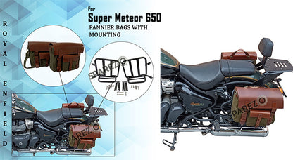 Royal Enfield Super Meteor 650 Olive Canvas Leather Pannier Bags and Mounting