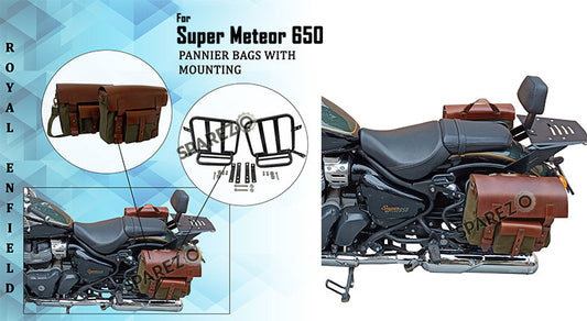 Royal Enfield Super Meteor 650 Olive Canvas Leather Pannier Bags and Mounting