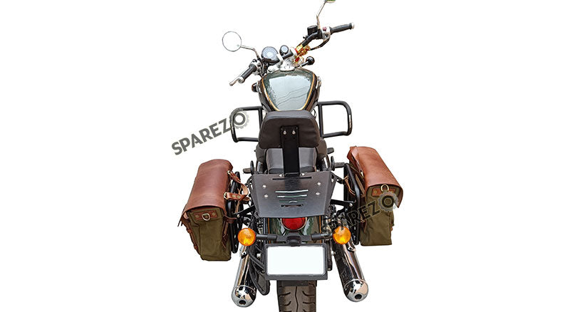 Royal Enfield Super Meteor 650 Olive Canvas Leather Pannier Bags and Mounting