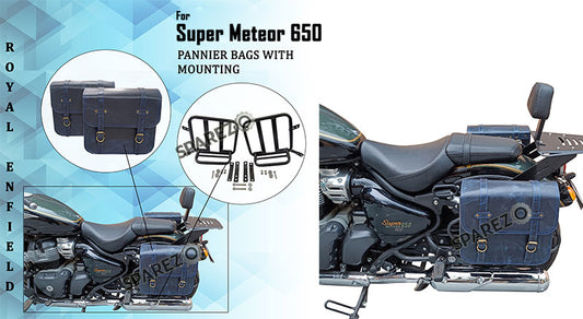 Royal Enfield Super Meteor 650 Navy Blue Leather Pannier Bags and Mounting LH RH