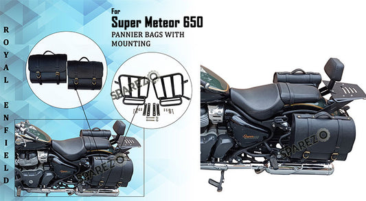 Royal Enfield Super Meteor 650 LH RH Black Leather Pannier Bags Pair and Mounting