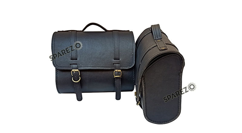 Royal Enfield Super Meteor 650 LH RH Black Leather Pannier Bags Pair and Mounting