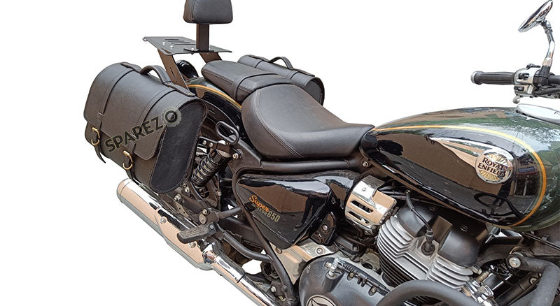 Royal Enfield Super Meteor 650 LH RH Black Leather Pannier Bags Pair and Mounting