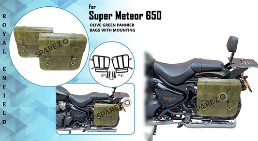 Royal Enfield Super Meteor 650 Olive Green Leather Pannier Bag and Mounting LH RH