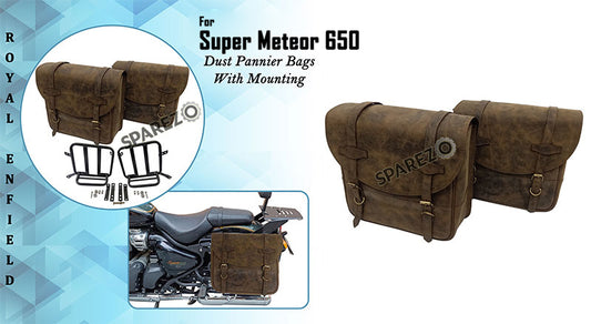 Royal Enfield Super Meteor 650 Dust Color Leather Pannier Bags and Mounting Pair