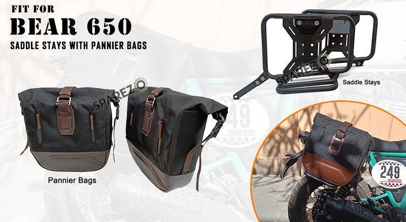 For Royal Enfield Bear 650 Canvas and Leather Pannier Bags With Saddle Stays