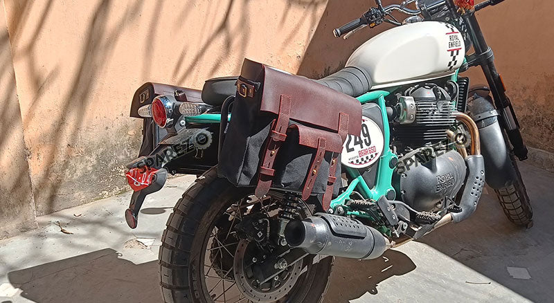 For Royal Enfield Bear 650 Canvas and Leather Pannier Bags With Saddle Stays Black
