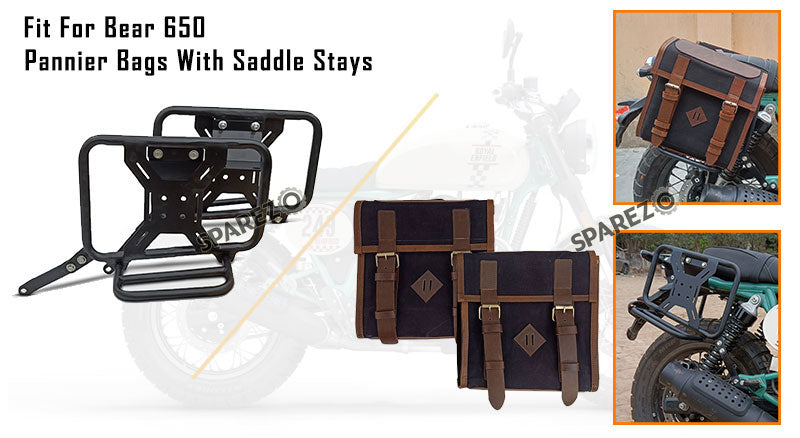 For Royal Enfield Bear 650 Canvas and Leather Pannier Bags Black With Saddle Stays