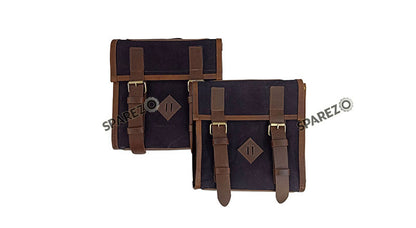 For Royal Enfield Bear 650 Canvas and Leather Pannier Bags Black With Saddle Stays