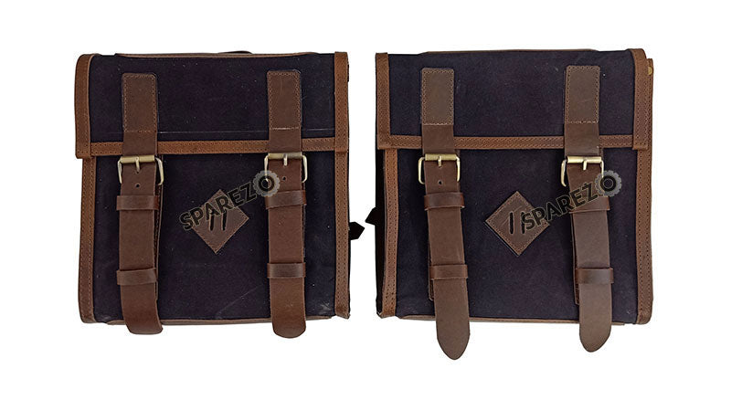 For Royal Enfield Bear 650 Canvas and Leather Pannier Bags Black With Saddle Stays