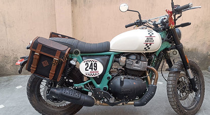 For Royal Enfield Bear 650 Canvas and Leather Pannier Bags Black With Saddle Stays