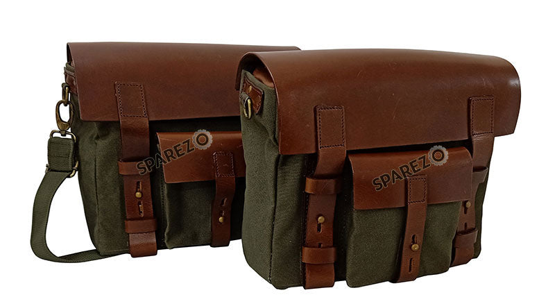 For Royal Enfield Bear 650 Canvas and Leather Pannier Bags Olive With Saddle Stays
